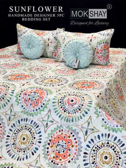 MOKSHAY Sunflower Premium Handmade Designer Cushion Bedding Set (5 Pieces)