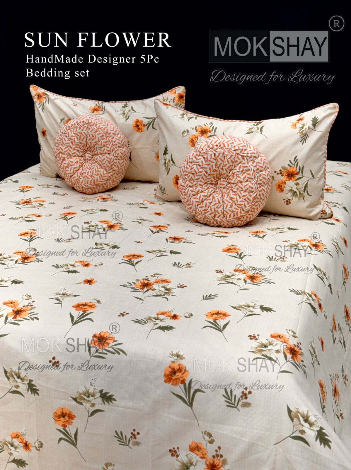 MOKSHAY Sunflower Premium Handmade Designer Cushion Bedding Set (5 Pieces)