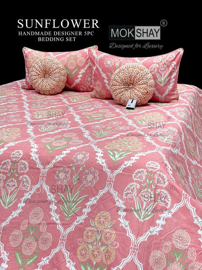 MOKSHAY Sunflower Premium Handmade Designer Cushion Bedding Set (5 Pieces)