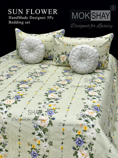MOKSHAY Sunflower Premium Handmade Designer Cushion Bedding Set (5 Pieces)