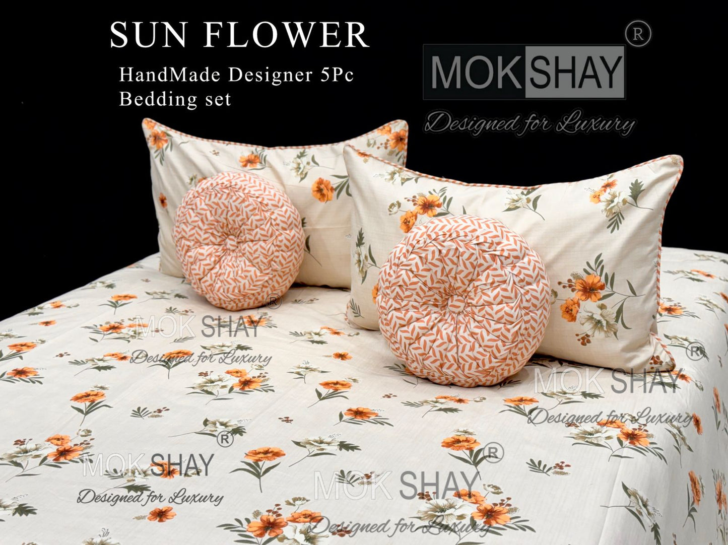 MOKSHAY Sunflower Premium Handmade Designer Cushion Bedding Set (5 Pieces)