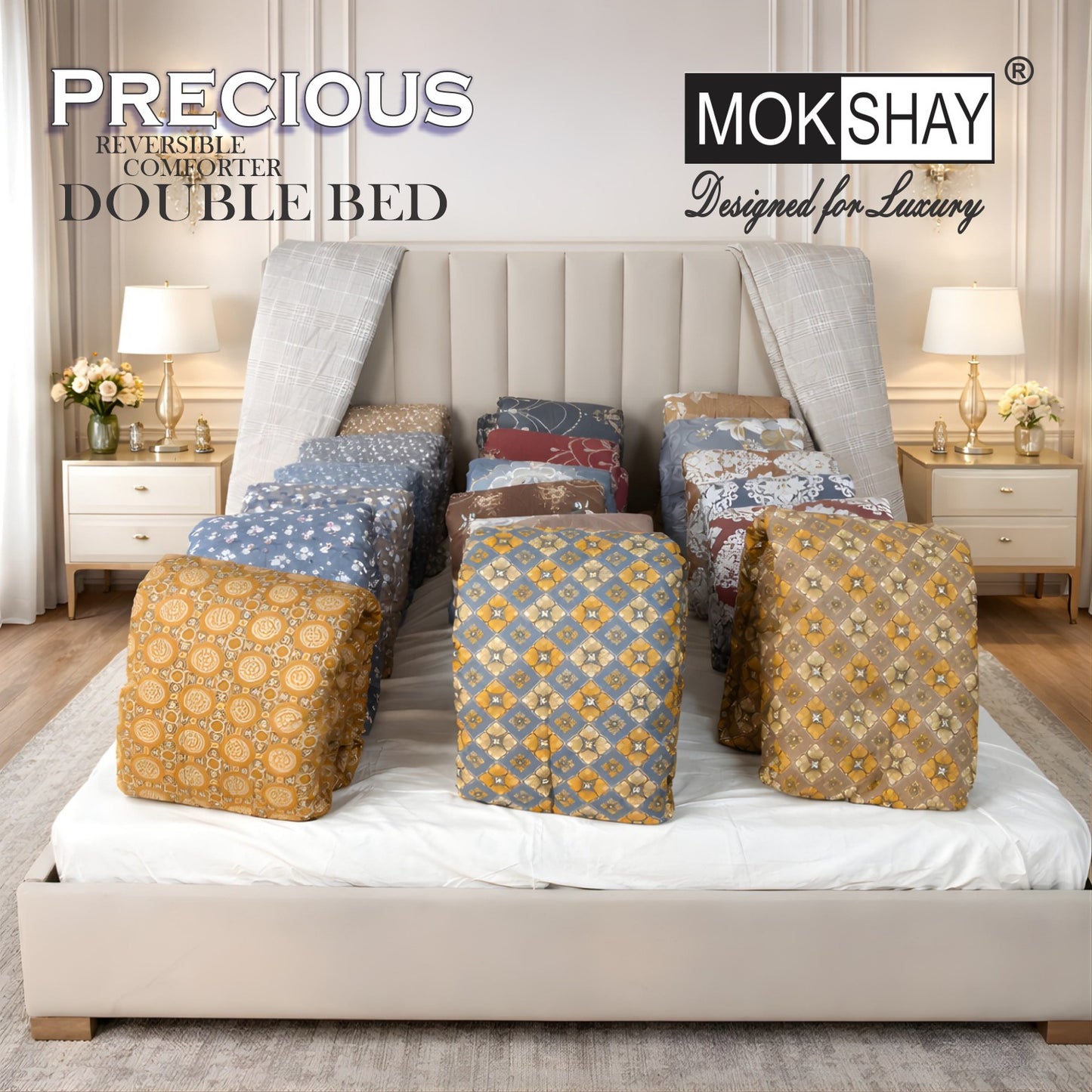 MOKSHAY Precious Reversible Double Bed Comforter | 150 GSM Micro Fibre Filling | 90 × 100 Inches | All Season