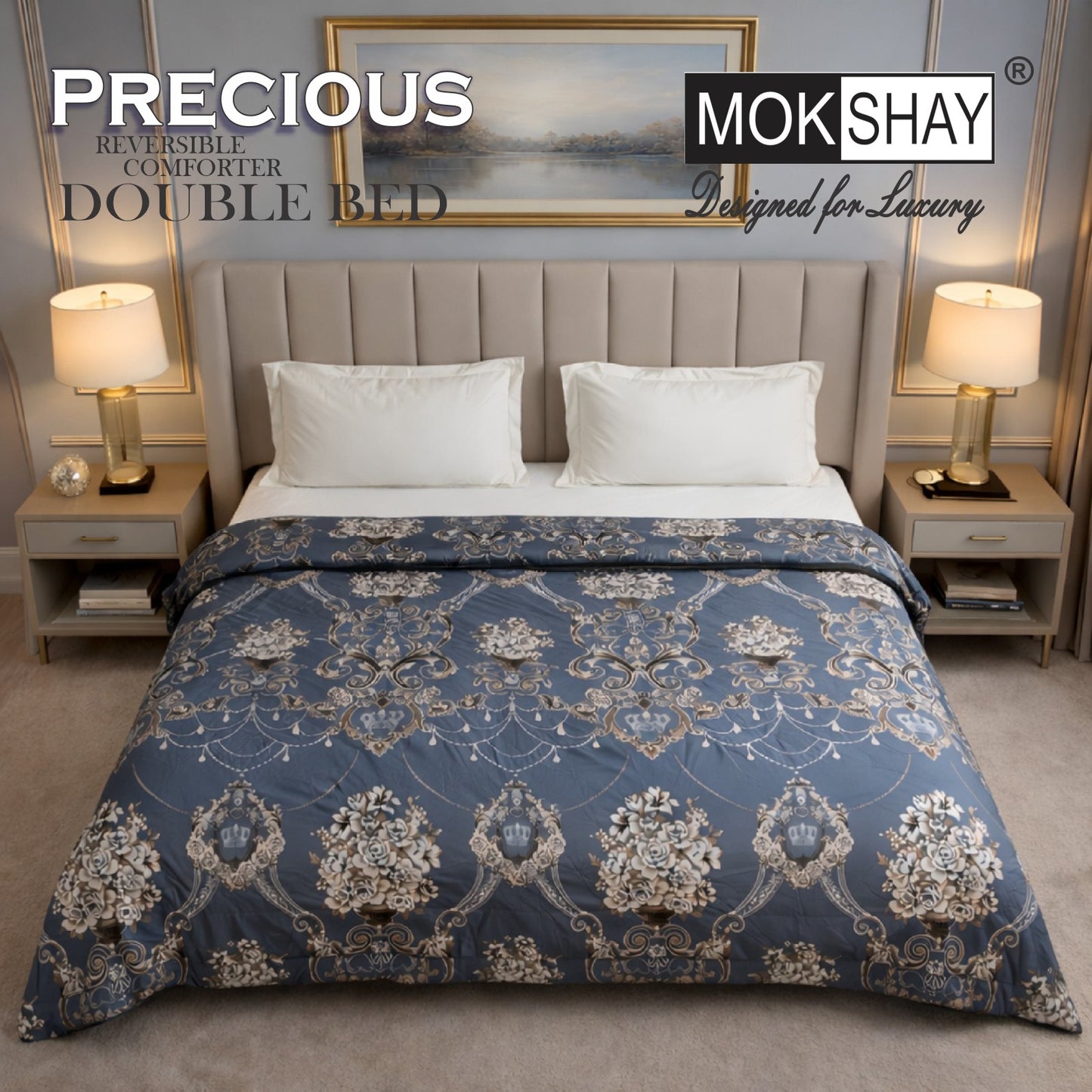 MOKSHAY Precious Reversible Double Bed Comforter | 150 GSM Micro Fibre Filling | 90 × 100 Inches | All Season