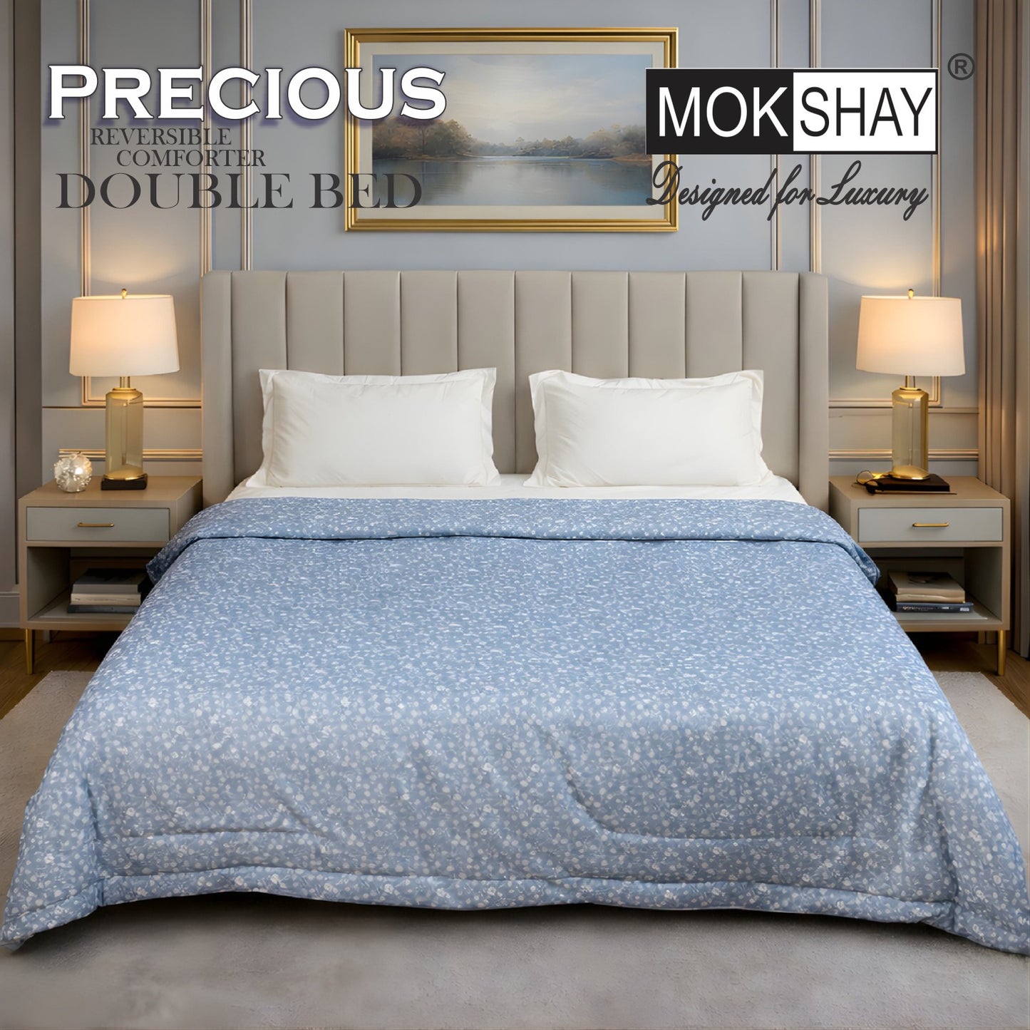 MOKSHAY Precious Reversible Double Bed Comforter | 150 GSM Micro Fibre Filling | 90 × 100 Inches | All Season
