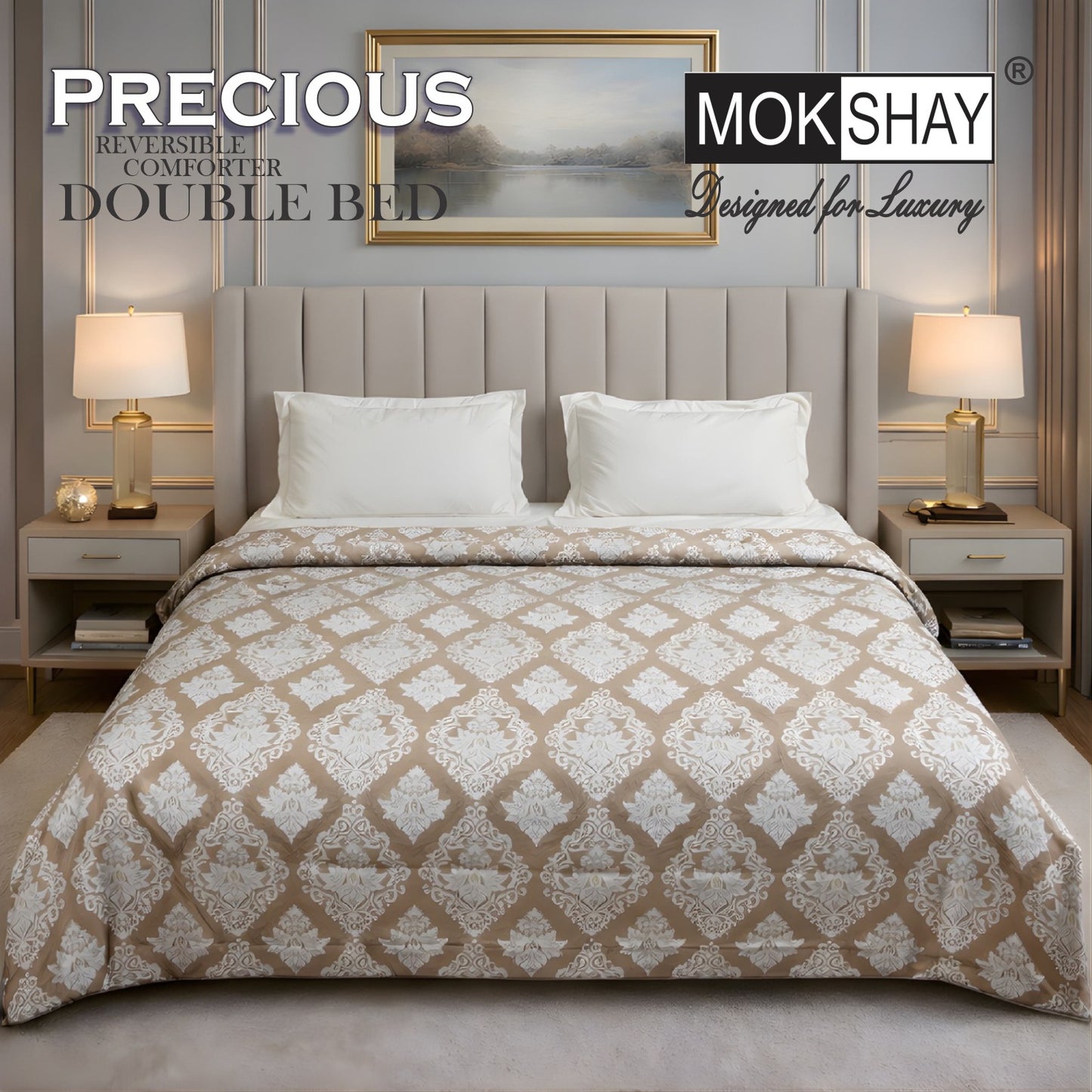 MOKSHAY Precious Reversible Double Bed Comforter | 150 GSM Micro Fibre Filling | 90 × 100 Inches | All Season