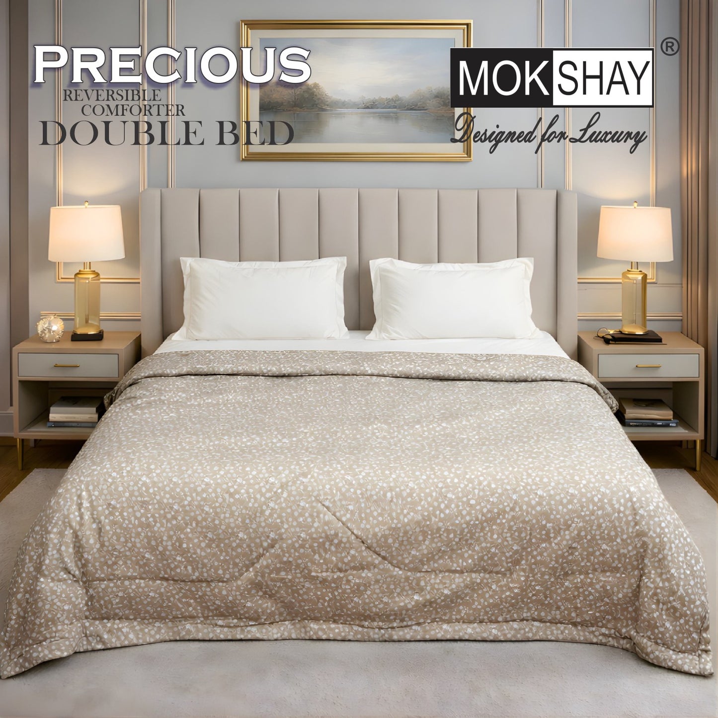 MOKSHAY Precious Reversible Double Bed Comforter | 150 GSM Micro Fibre Filling | 90 × 100 Inches | All Season