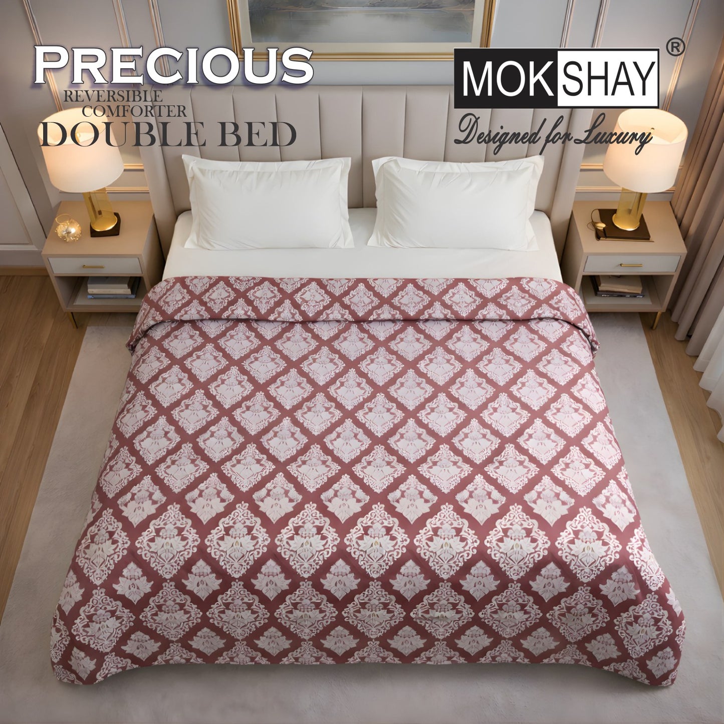 MOKSHAY Precious Reversible Double Bed Comforter | 150 GSM Micro Fibre Filling | 90 × 100 Inches | All Season