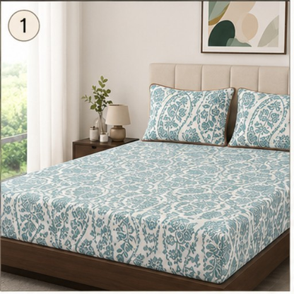 MOKSHAY Bedfit King Elastic Fitted Bedsheet Set | 72 × 78 × 9 Inches