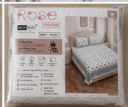 MOKSHAY Rose King 100% Pure Cotton Floral Bedsheet Set | 100 × 108 Inches